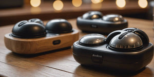 Various deep tissue massagers on a wooden table.